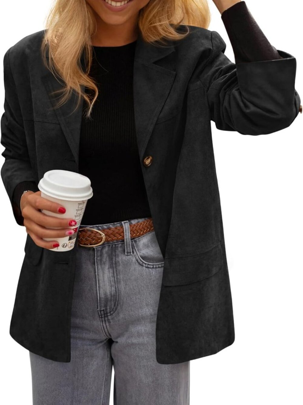 Women's Black Faux Suede Western Blazer Jacket Oversized Casual Office Work